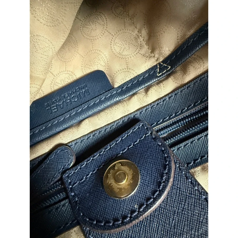 Michael Kors Hamilton Satchel Navy Blue Saffiano Leather Gold Padlock Handbag